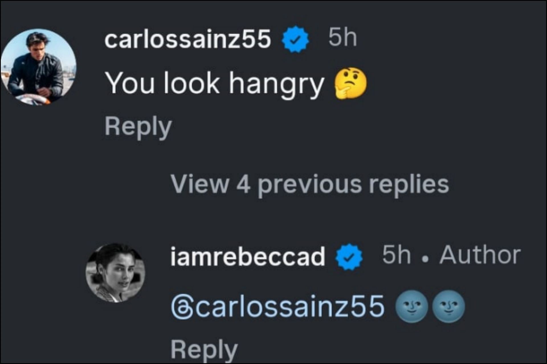 Snapshot of Carlos Sainz's reaction to Rebecca Donaldson's post...Credits-Instagram